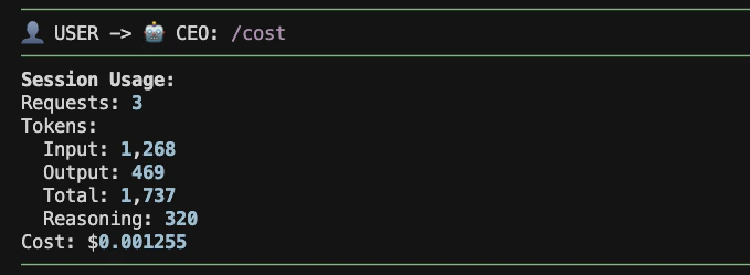 TUI /cost output showing session usage and cost