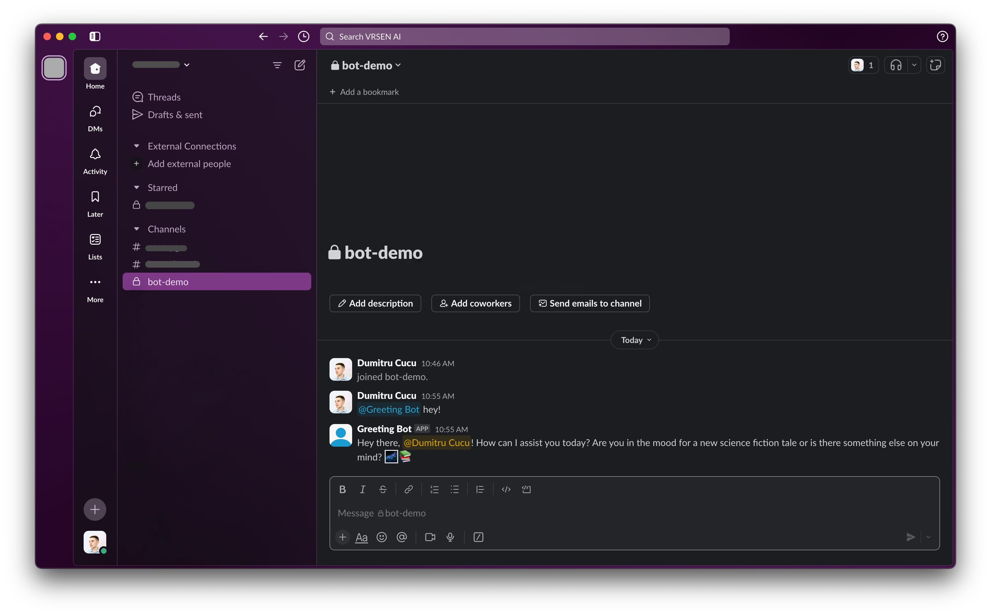 Screenshot of a bot responding to a mention in a Public Chat
