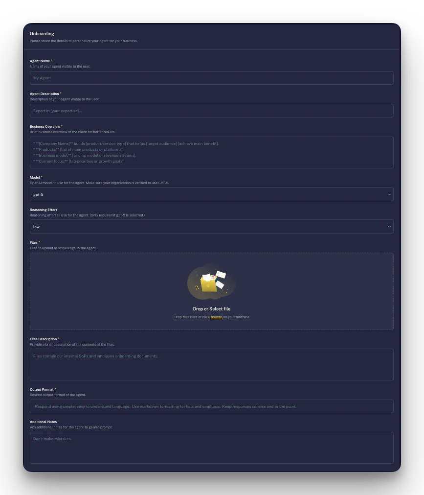 Marketplace onboarding form example