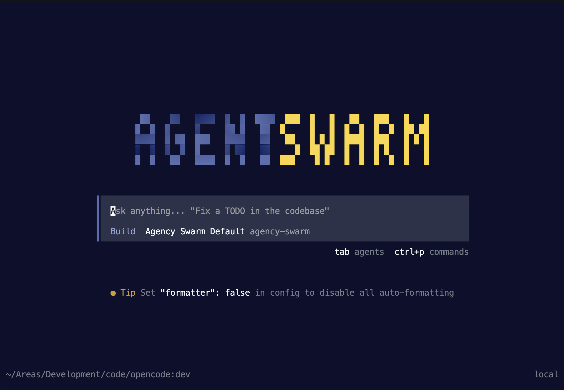Agent Swarm CLI startup screen