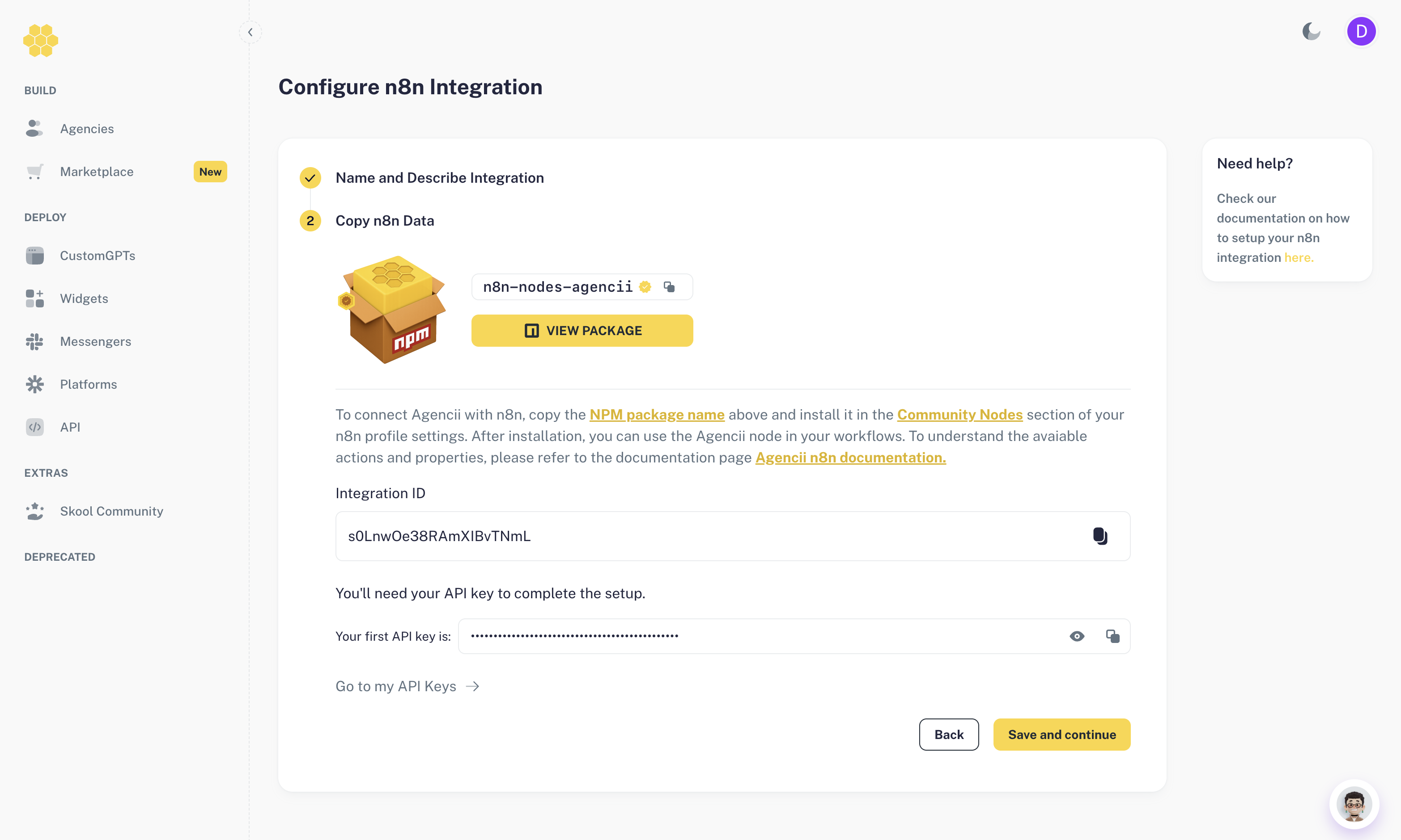 Copy n8n data showing npm package name, integration ID and API key hint
