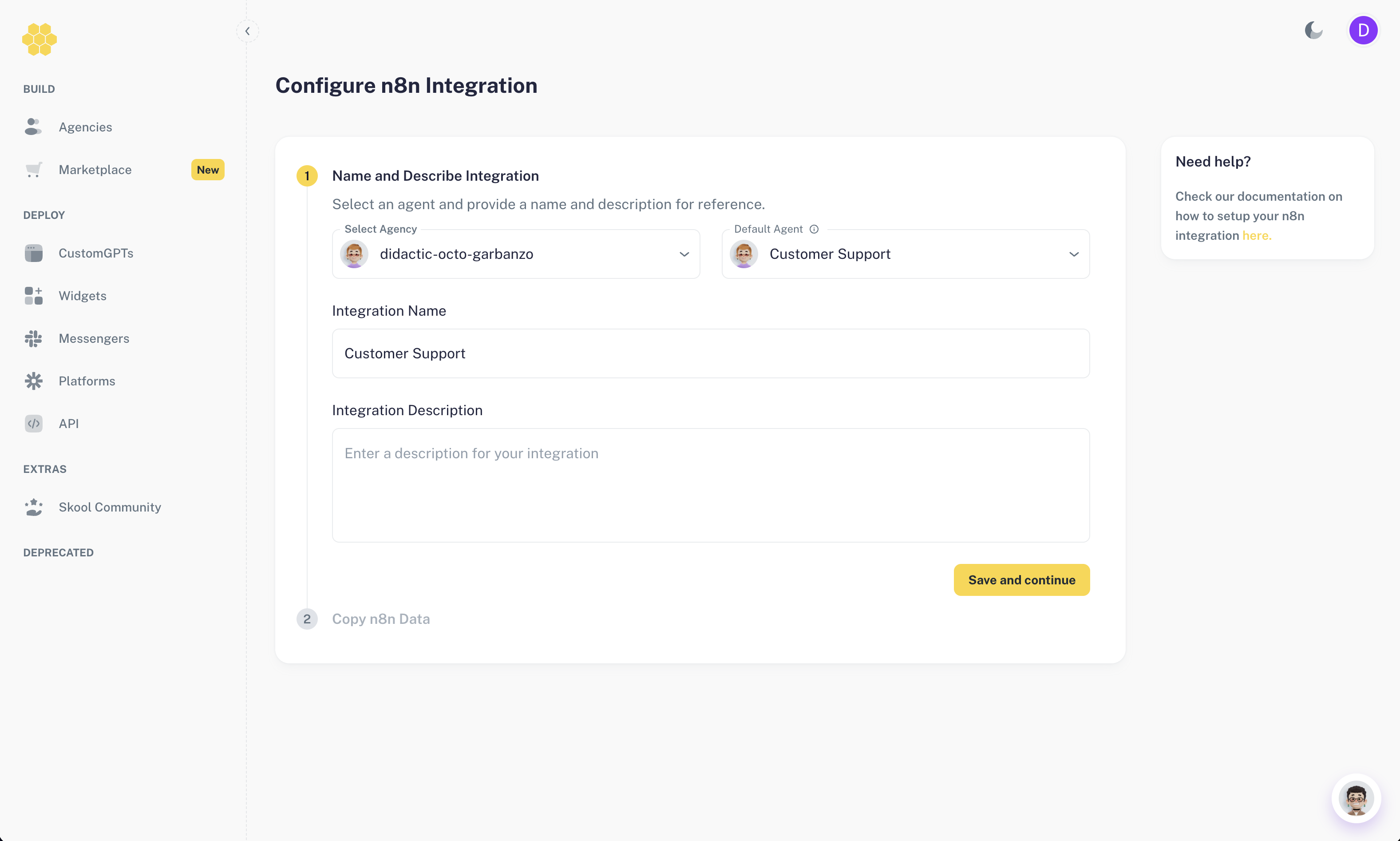 Configure n8n integration with agency and default agent
