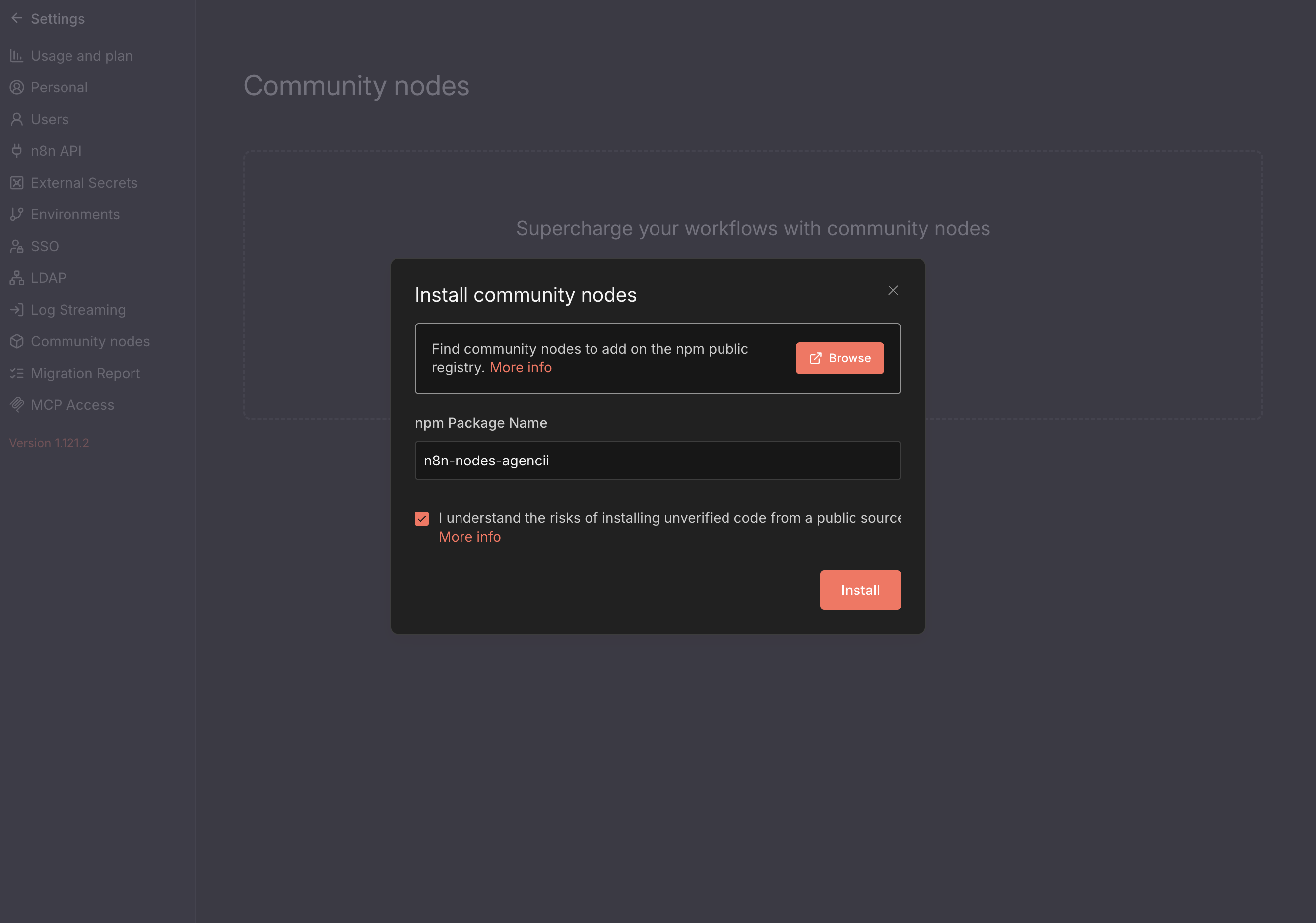 Install community node modal with n8n-nodes-agencii package name