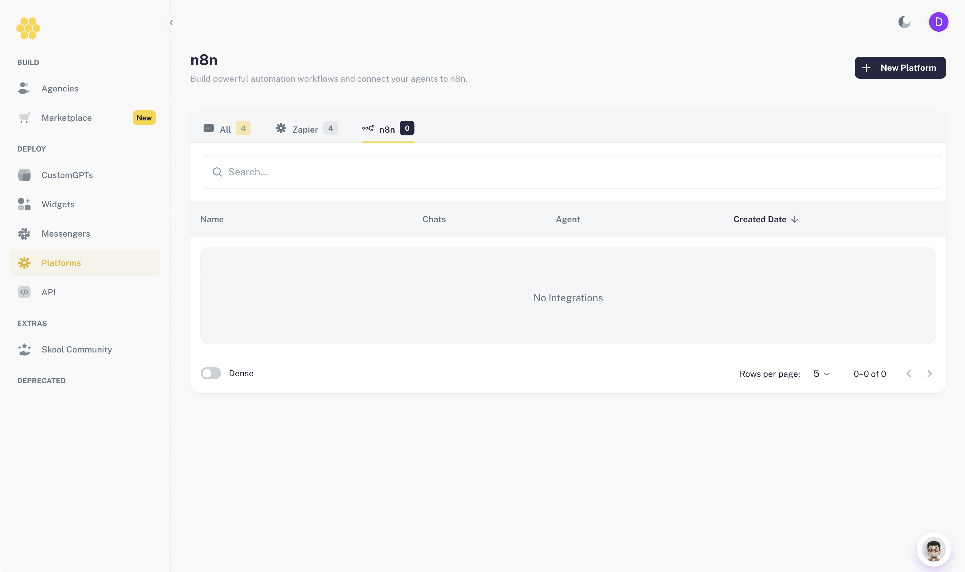 Create a new platform modal with n8n option