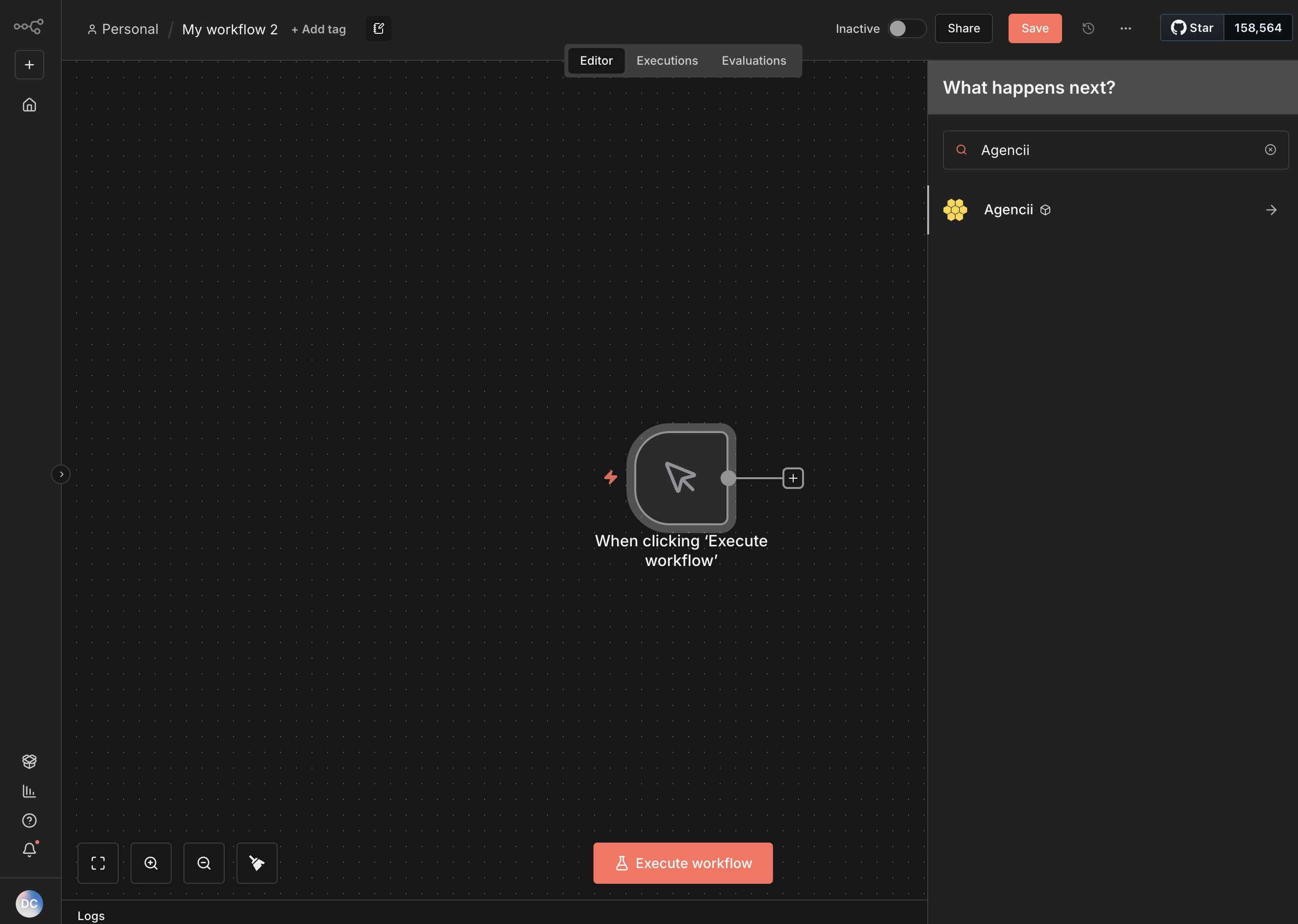 Workflow canvas with Agencii node selected from the node list