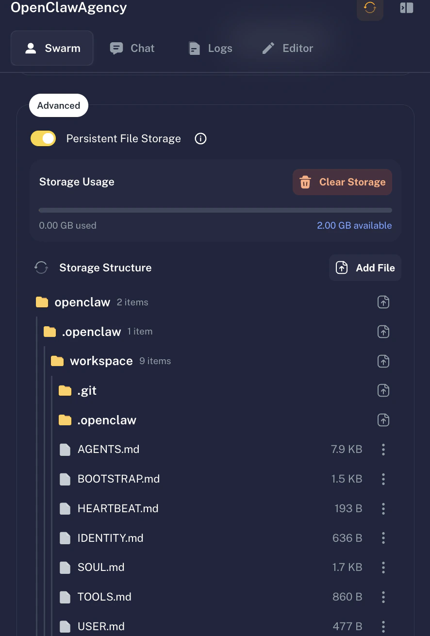 Agent Swarm persistent file storage view for OpenClaw workspace