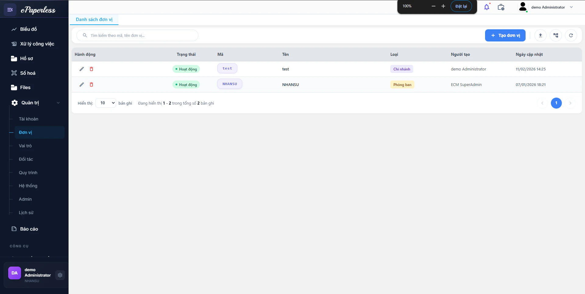 Màn hình danh sách Đơn vị