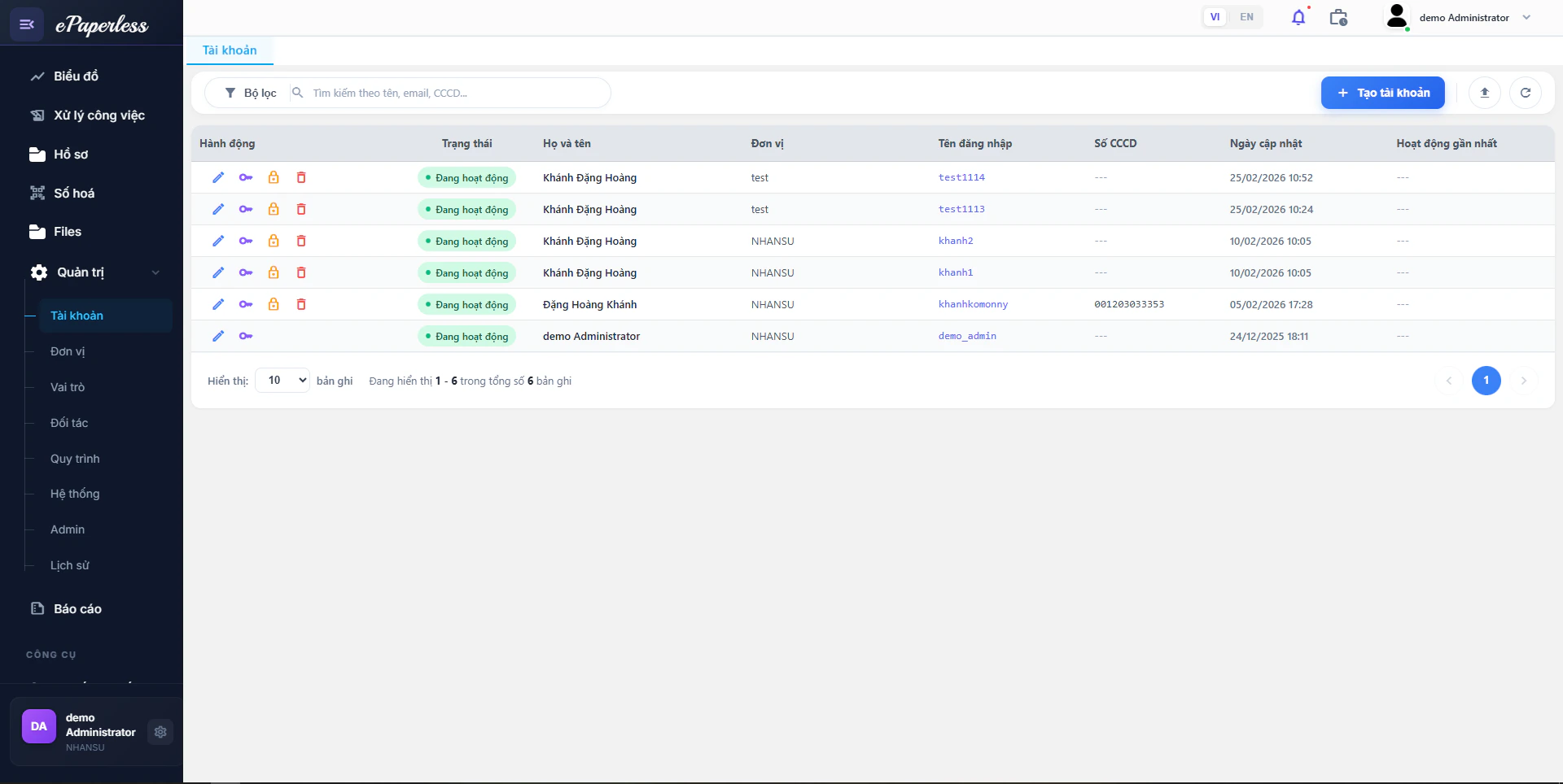 Màn hình danh sách Người dùng