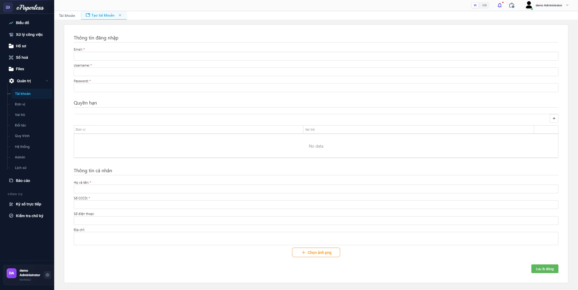 Form tạo mới Người dùng
