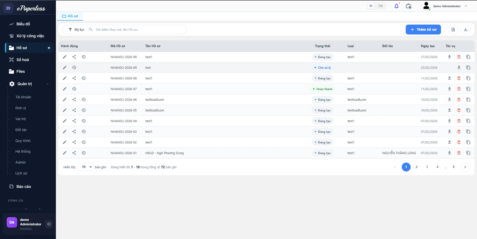 Màn hình danh sách Quản lý Hồ sơ