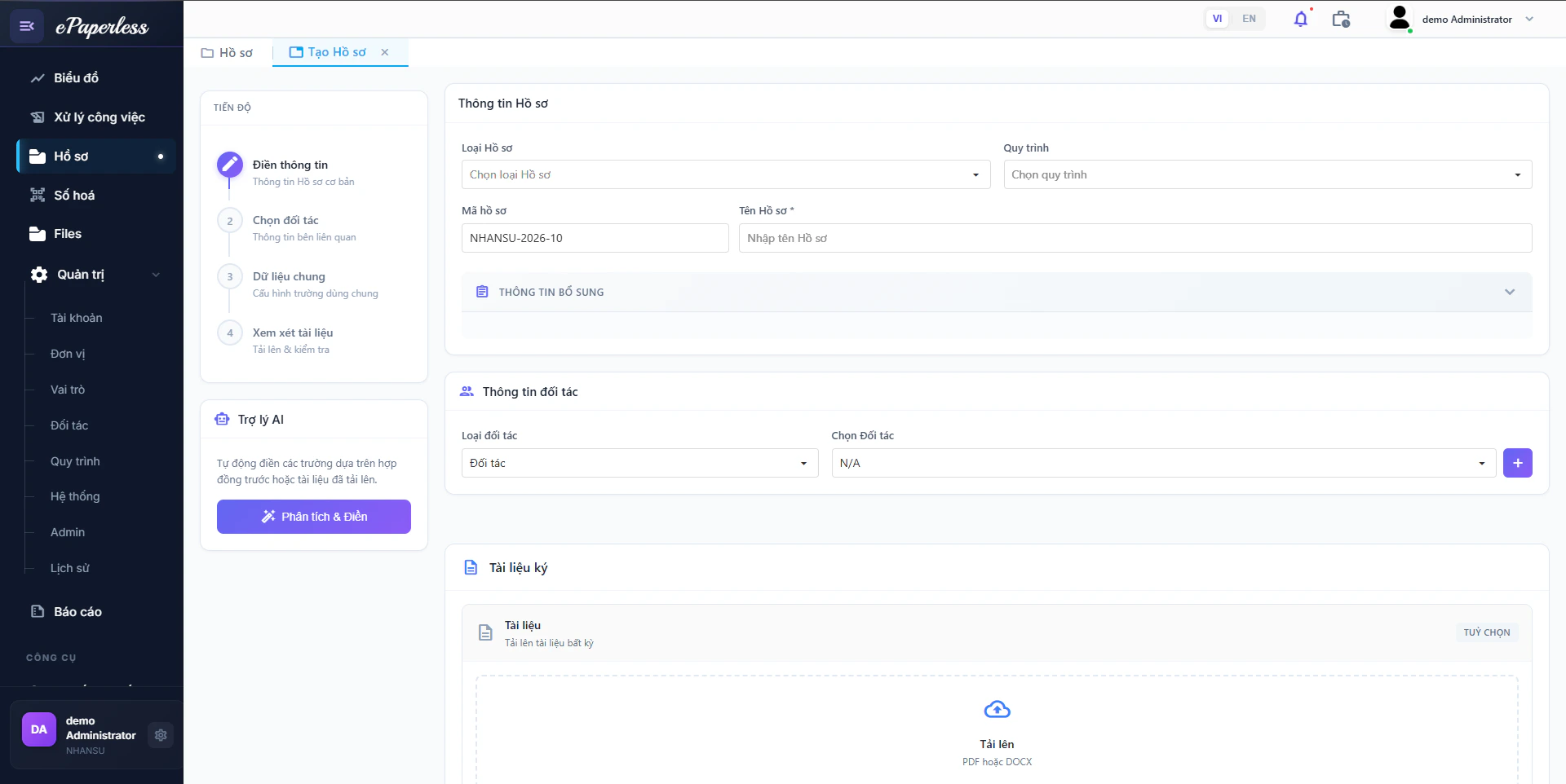 Form tạo mới Hồ sơ