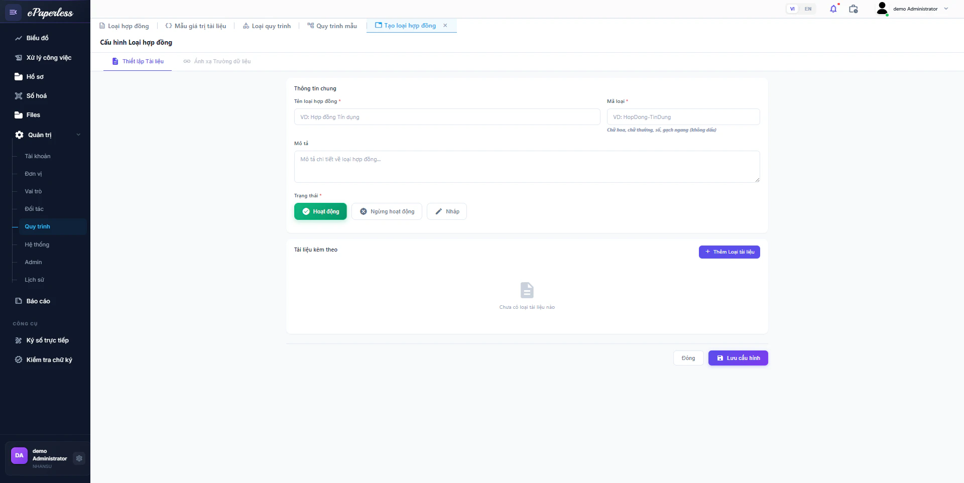 Form tạo quy trình sau khi thêm tài liệu và bước ký