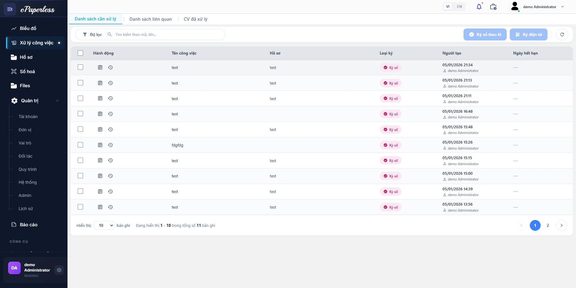 Màn hình danh sách Xử lý Công việc