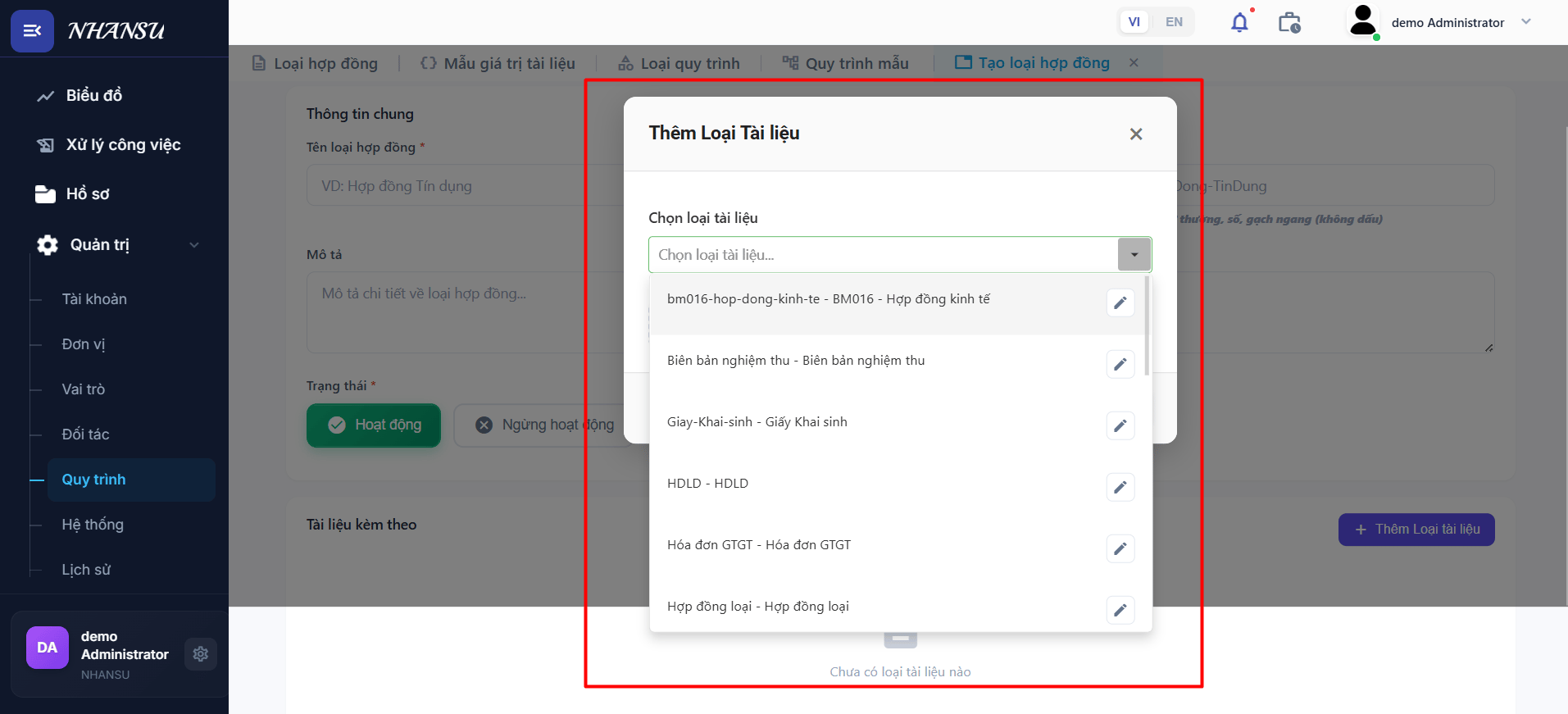 Chọn loại tài liệu từ dropdown