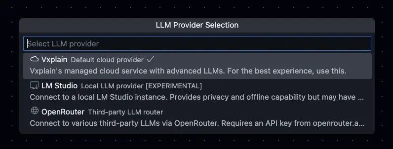 Dropdown menu showing available LLM providers in Vxplain