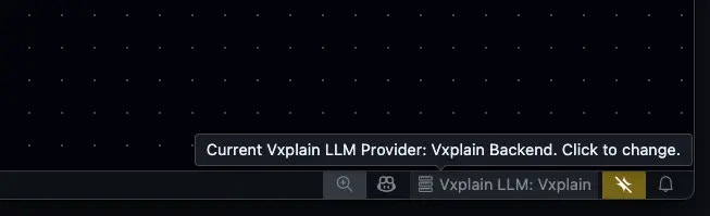 Location of the Vxplain LLM provider option in the VS Code bottom bar