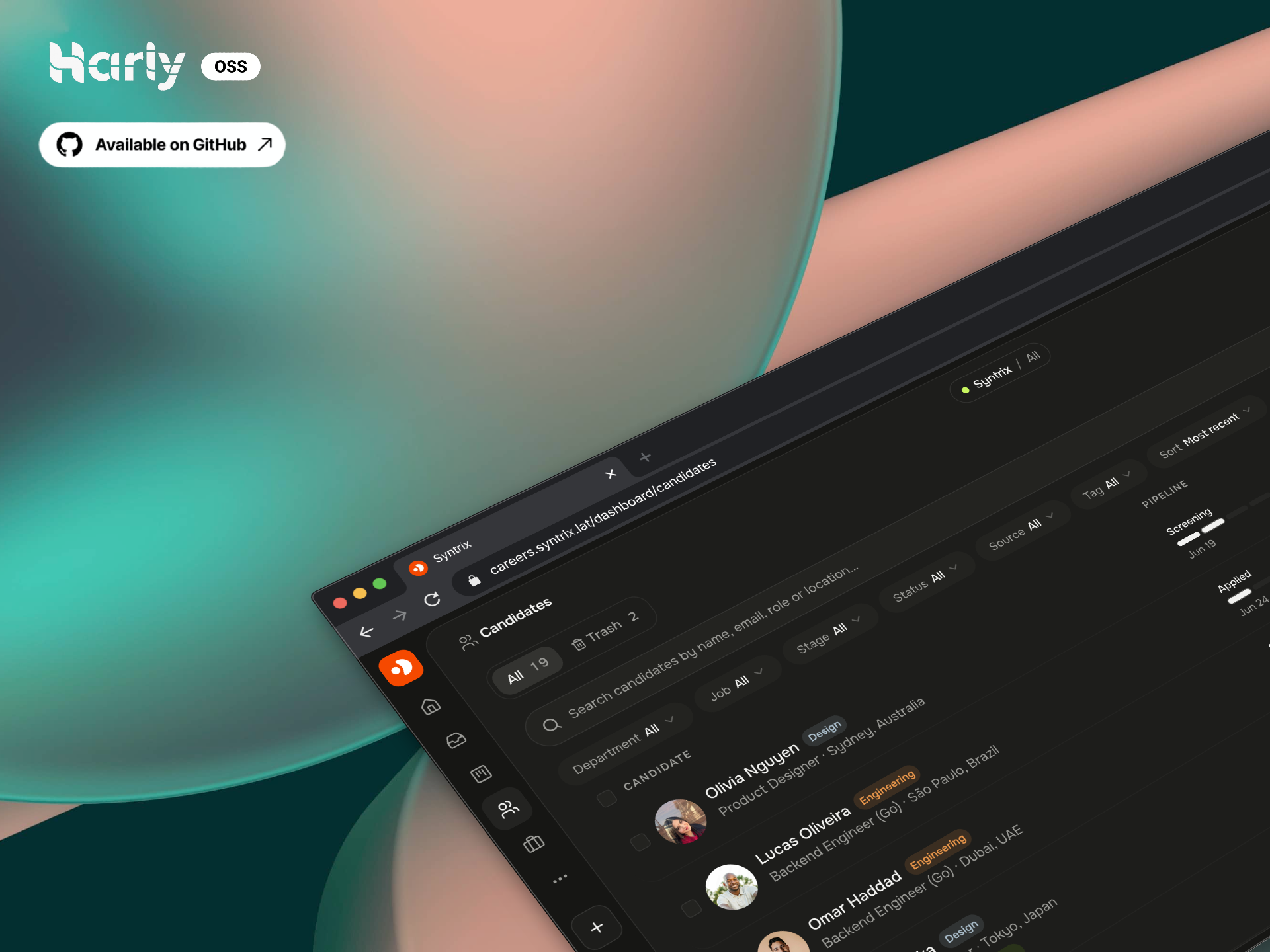Harly dashboard showing a candidate list with pipeline stages, filters, and departments.
