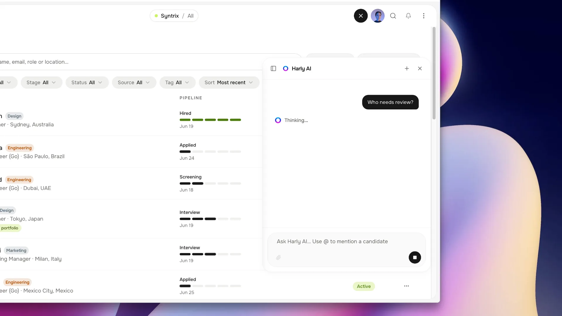Harly AI assistant open beside a candidate pipeline with a prompt asking who needs review.