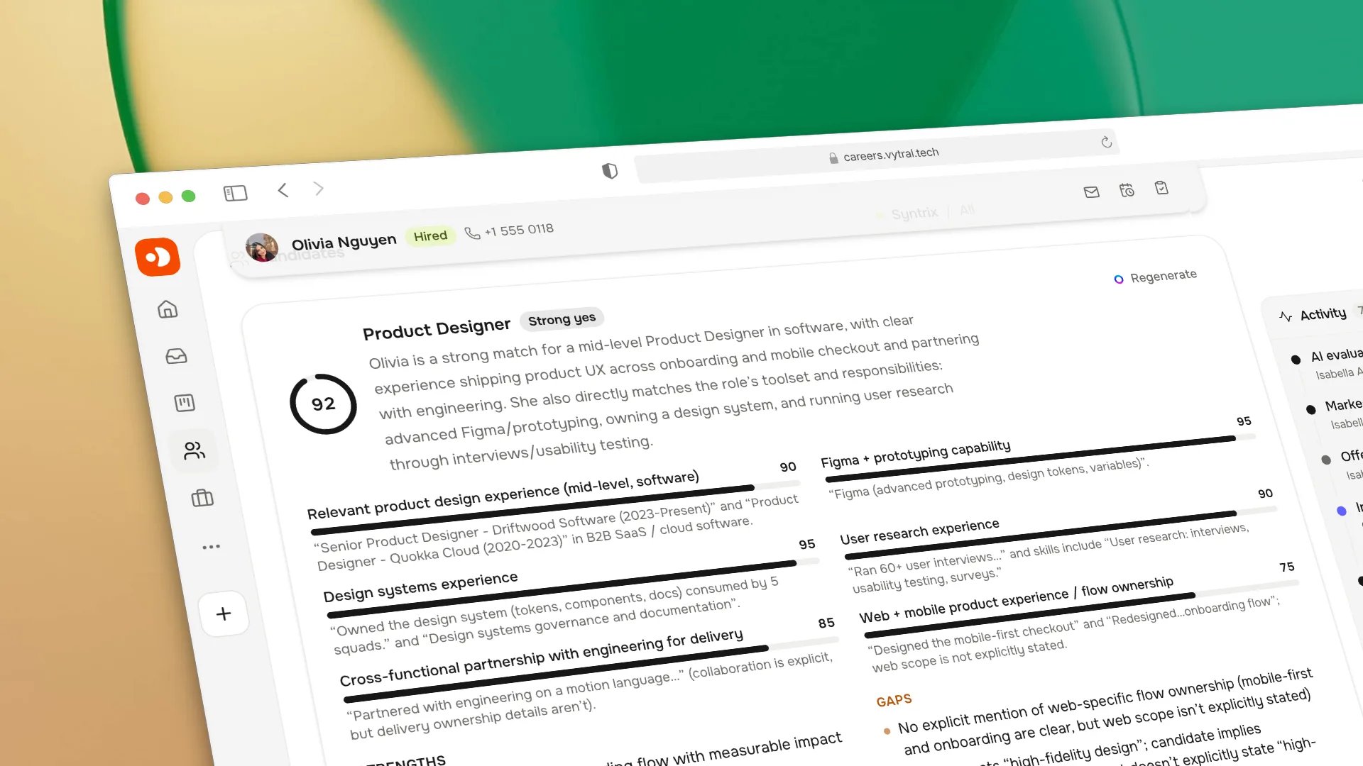 Harly AI evaluation showing a candidate match score, strengths, gaps, and review context.