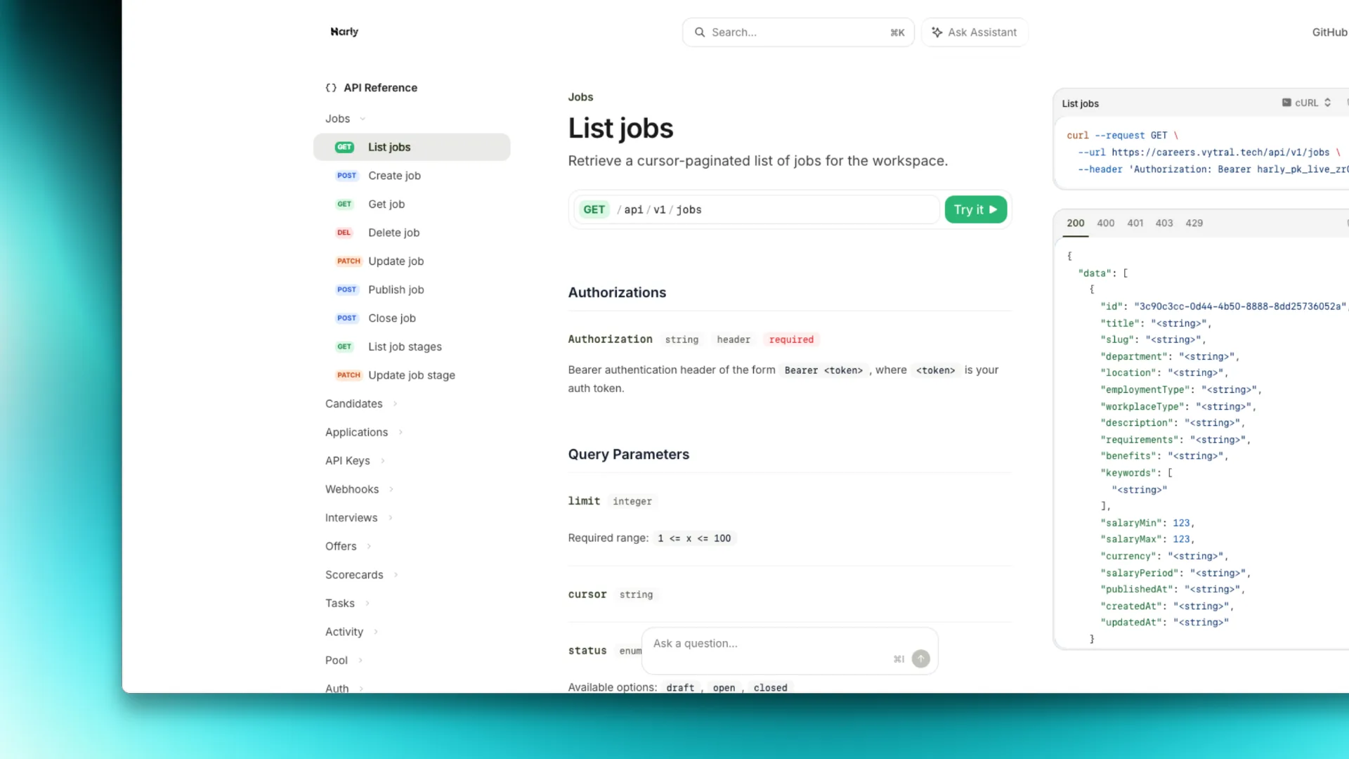 Harly API reference showing job endpoints, authorization, query parameters, and a JSON response.