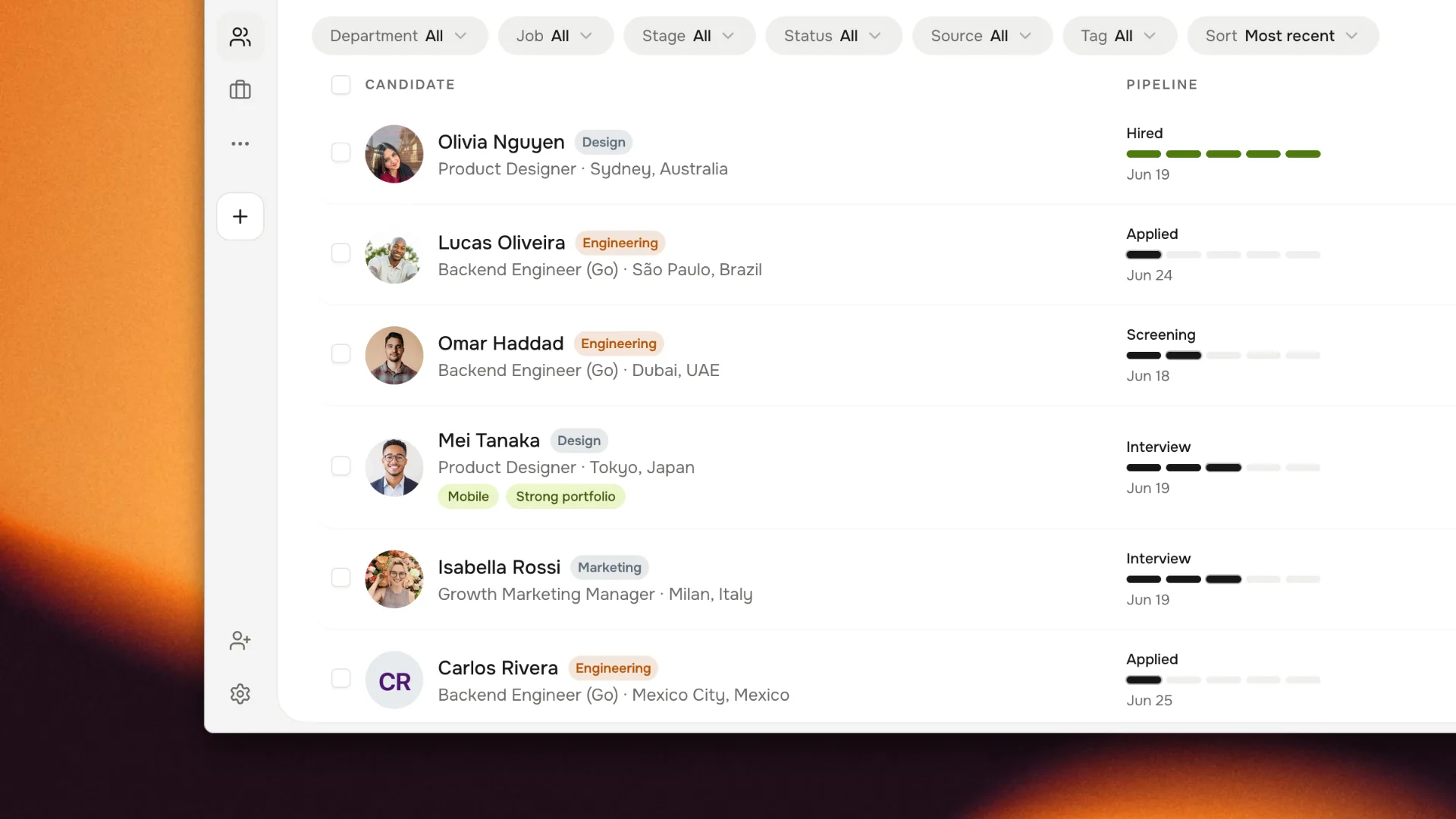 Harly candidate list with filters and pipeline stages using synthetic demo data.