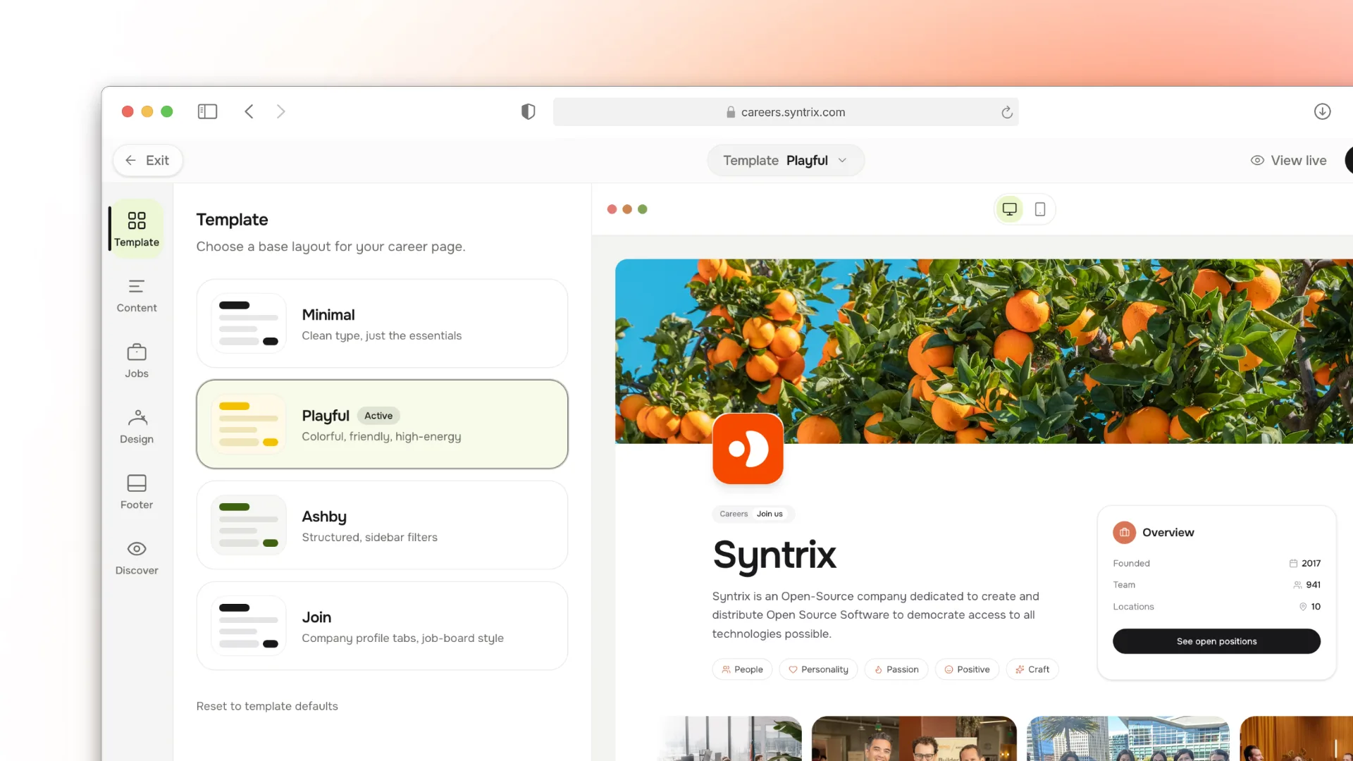 Harly Career Page Builder showing templates and a live preview of a public career page.