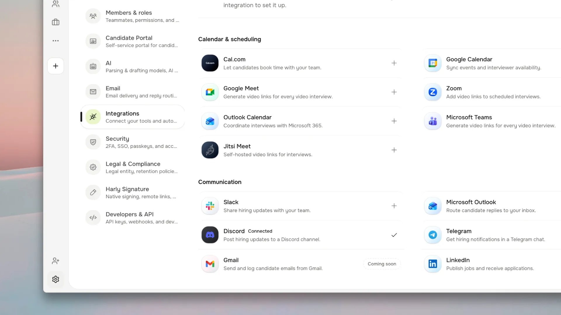 Harly integrations settings showing calendar, video, notification, and communication providers.