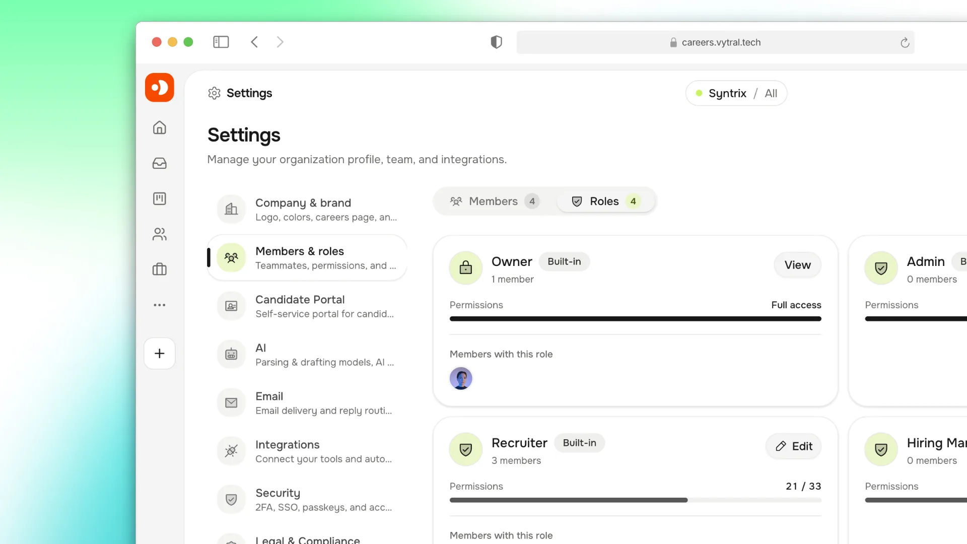 Harly settings showing workspace roles, members, and permission levels.