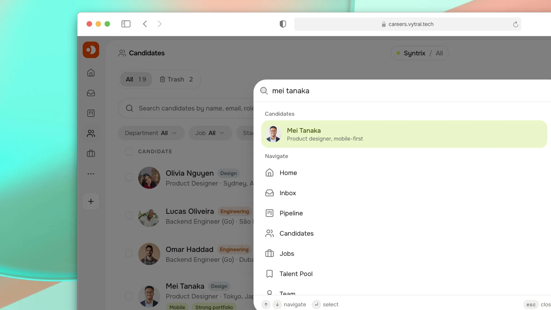 Harly global search finding a synthetic candidate and navigation destinations.