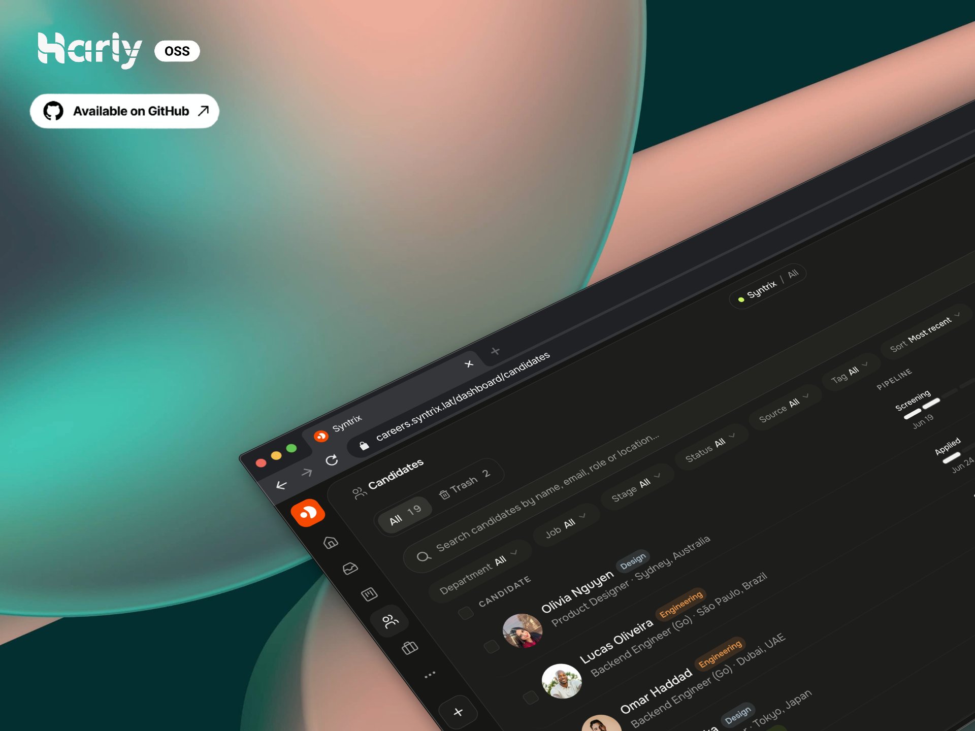 Harly dashboard showing a candidate list with pipeline stages, filters, and departments.
