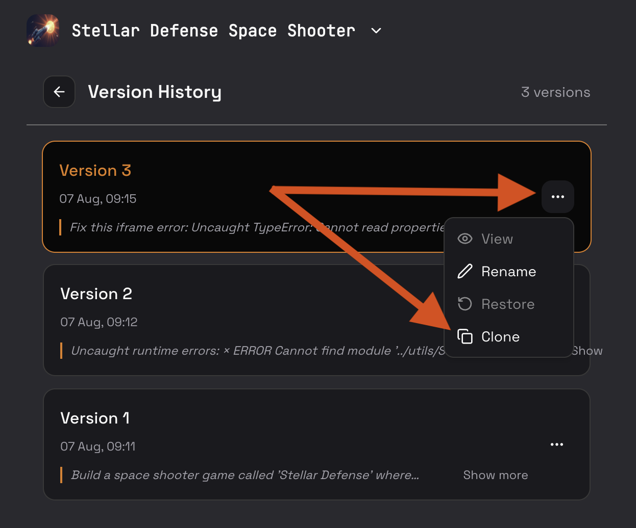 How to clone a version
