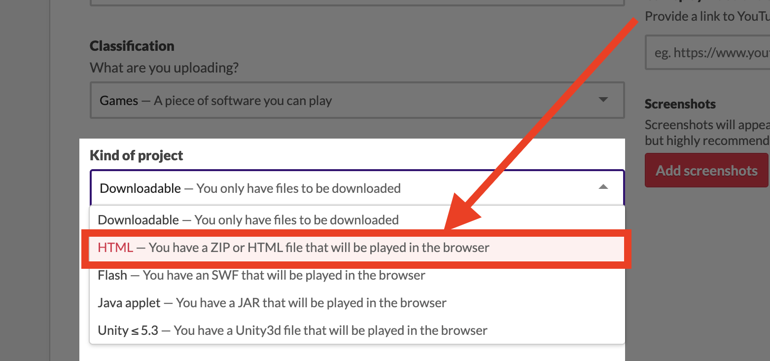 How to select the type of game on itch.io