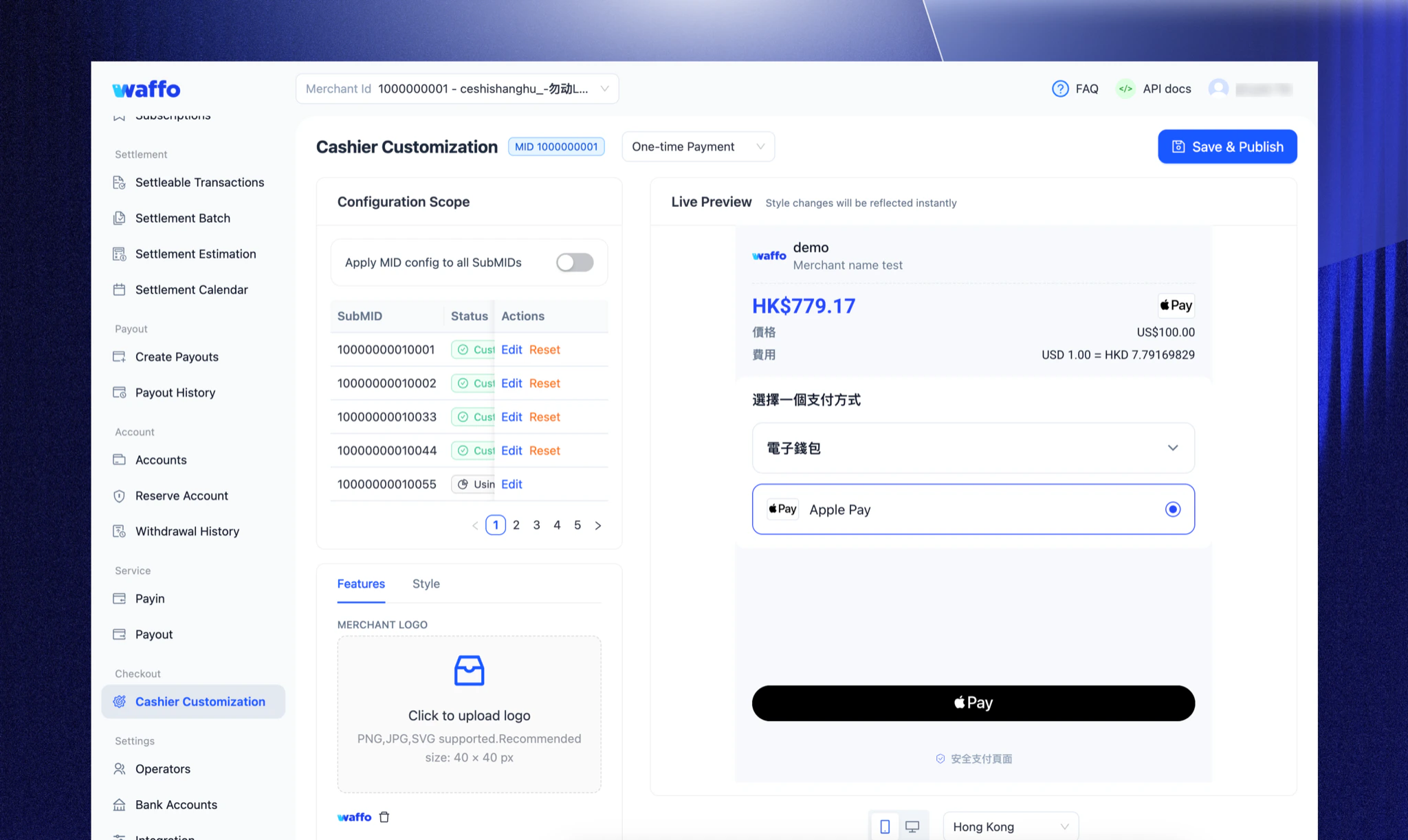 Waffo Merchant Portal showing the Cashier Customization screen with live preview of the checkout interface