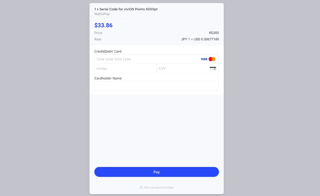 Waffo checkout page showing the available payment methods