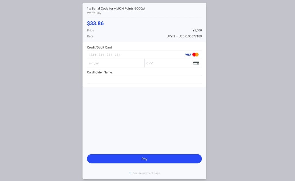 Waffo checkout page showing the available payment methods
