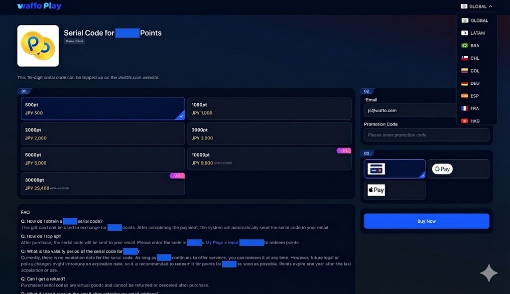 Waffo Point Topup storefront page showing the item list, face value selection, and email input