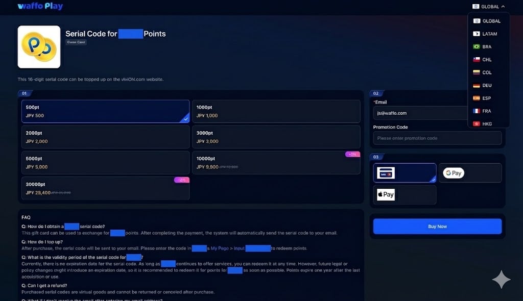 Waffo Point Topup storefront page showing the item list, face value selection, and email input