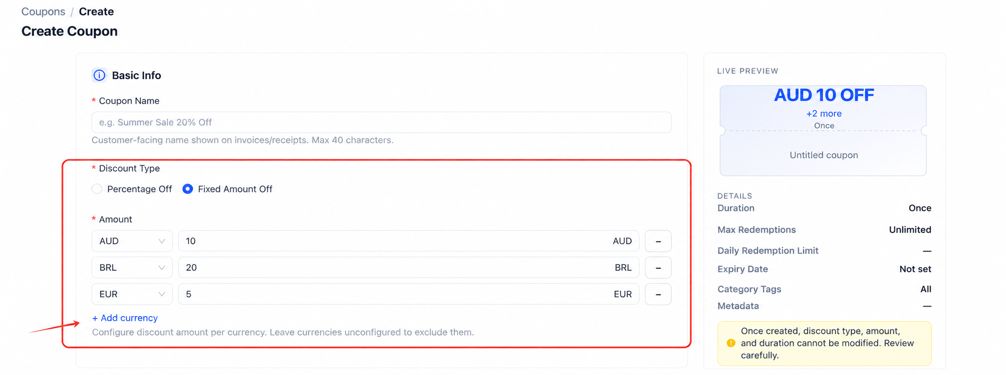 Fixed amount discount, multi-currency amounts, and live preview on the Merchant Portal Create Coupon page