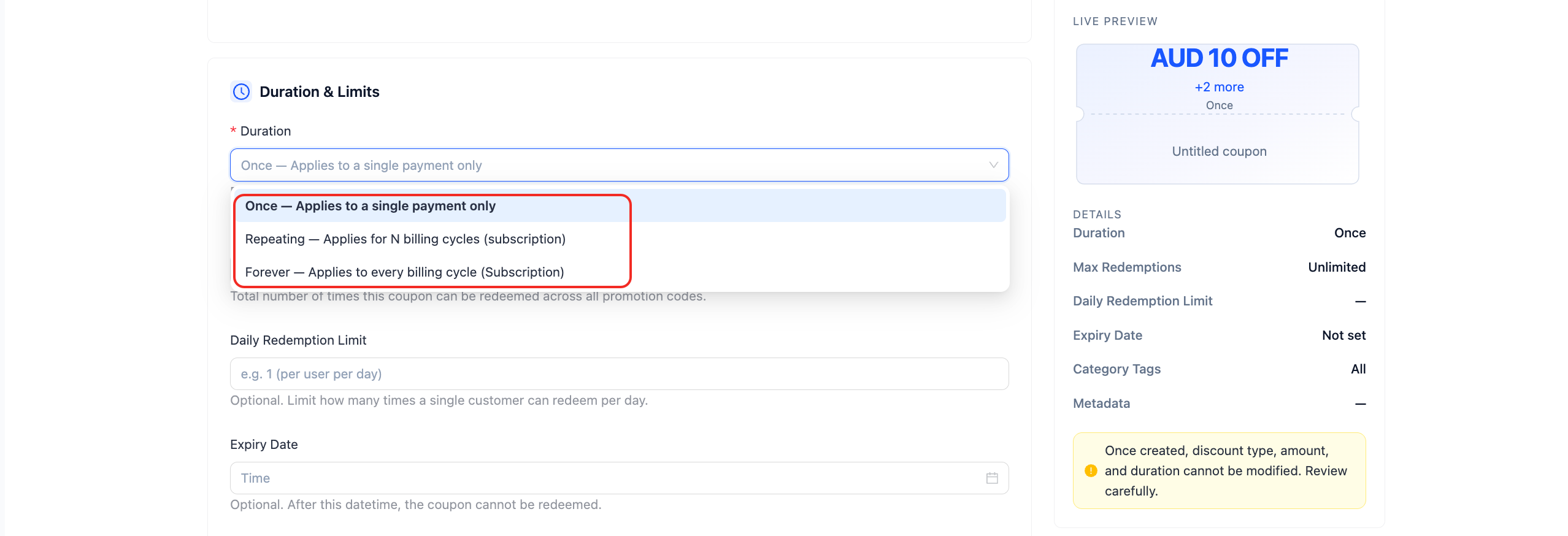 Coupon duration, total redemption limit, per-customer daily limit, and expiration settings in Merchant Portal