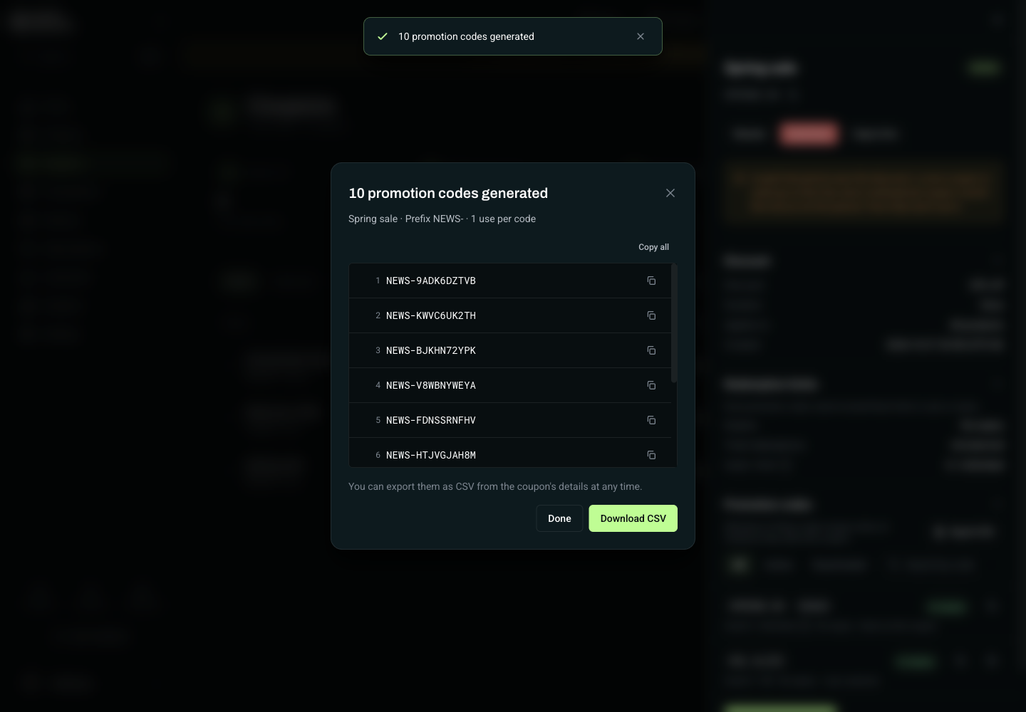 Generated promotion codes