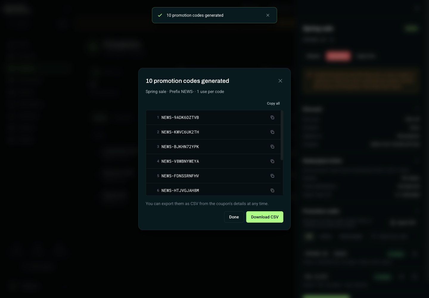Generated promotion codes