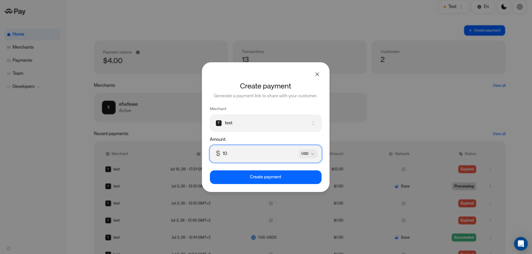 Create payment dialog in test mode with a merchant selected and an amount of 10 USD entered