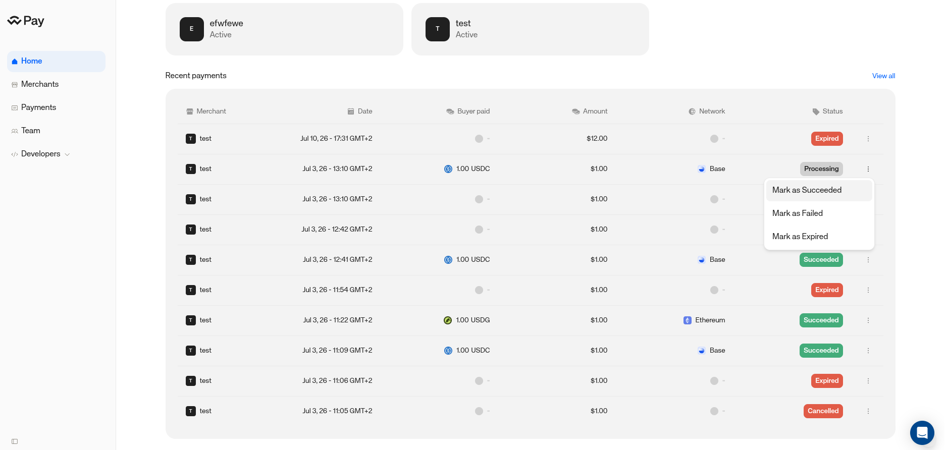 Dashboard payments list in test mode with the Simulation actions menu open on a processing payment, showing Mark as Succeeded, Mark as Failed, and Mark as Expired options