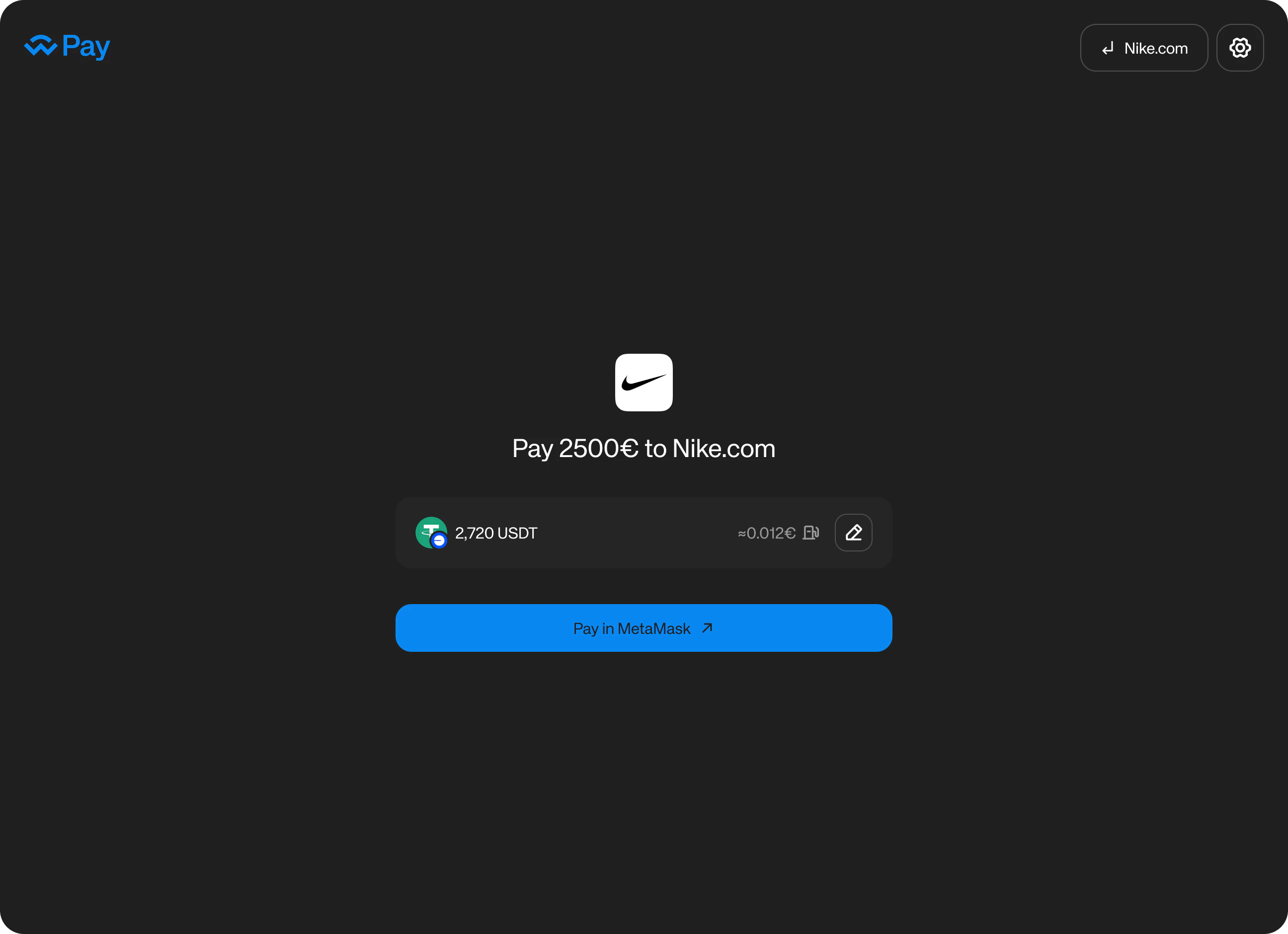 WalletConnect Pay buyer checkout page showing the merchant logo above the amount and the Pay button