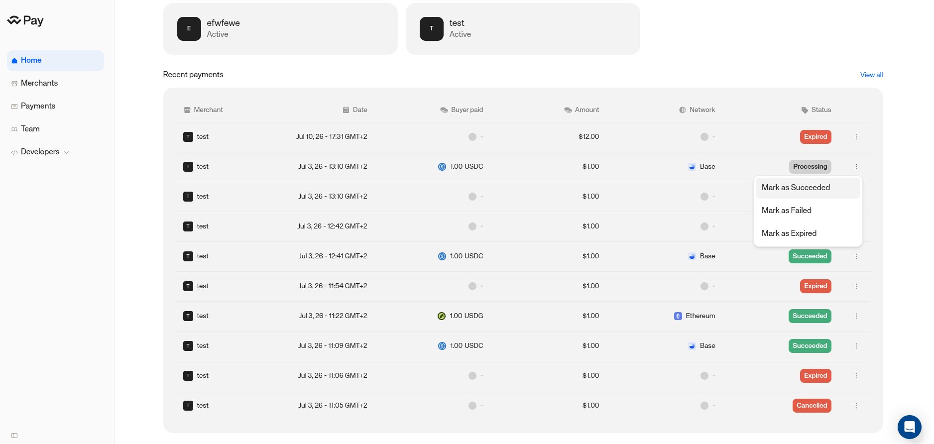 Dashboard payments list in test mode with the Simulation actions menu open on a processing payment, showing Mark as Succeeded, Mark as Failed, and Mark as Expired options
