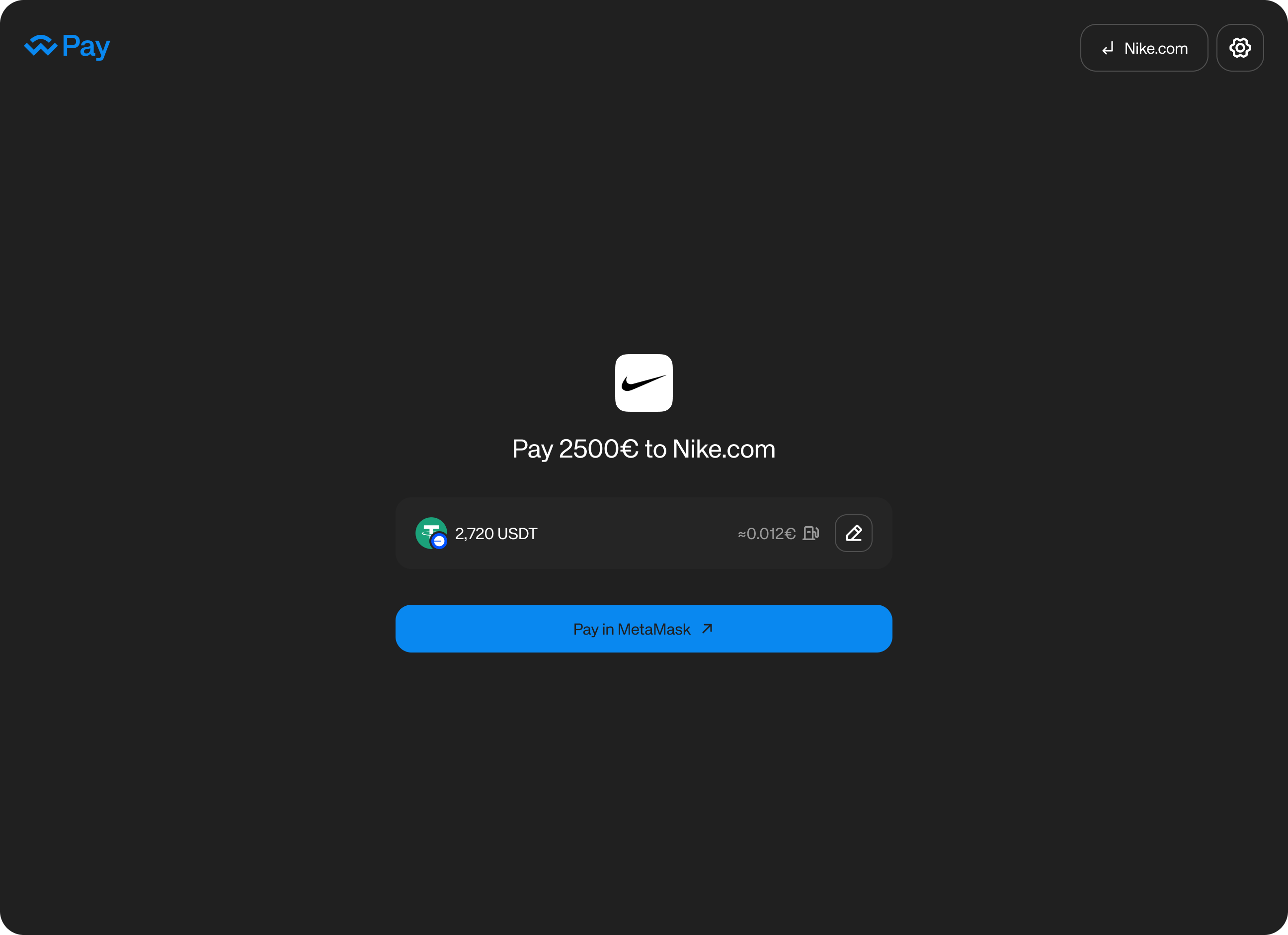 WalletConnect Pay buyer checkout page showing the merchant logo above the amount and the Pay button