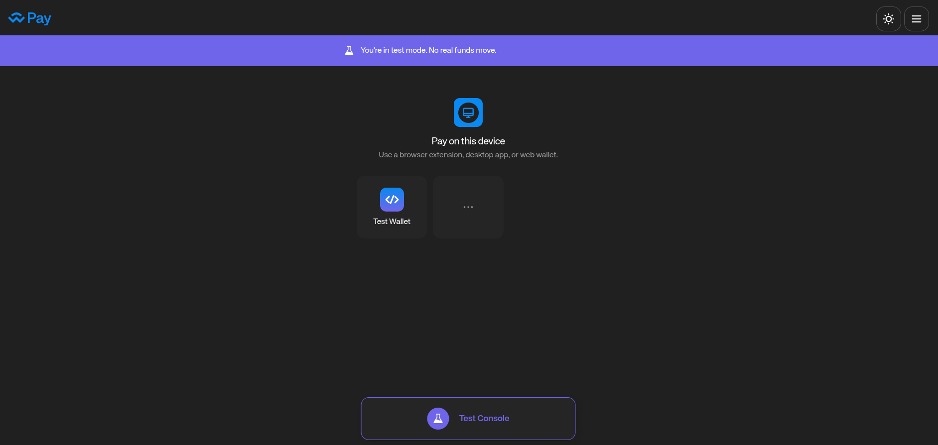 Hosted payment page in test mode showing the purple test-mode banner, a Test Wallet payment option, and the Test Console button