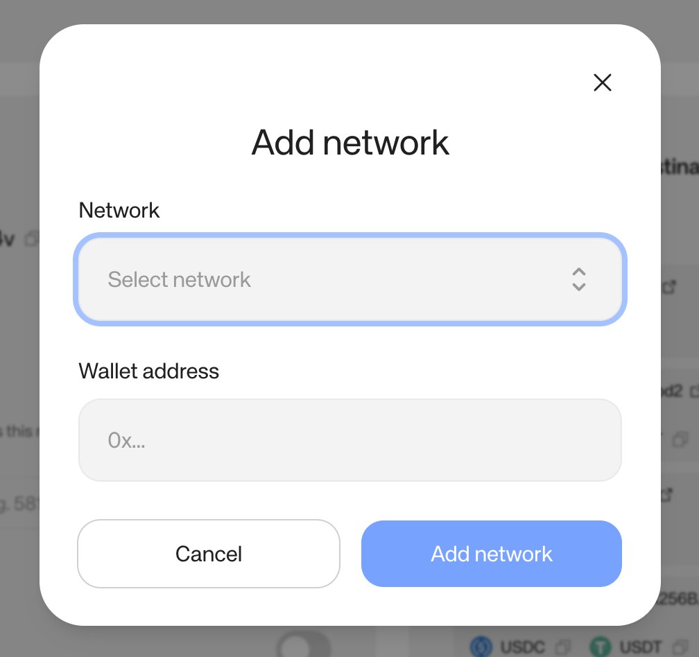 Add network dialog with the network selector and wallet address field