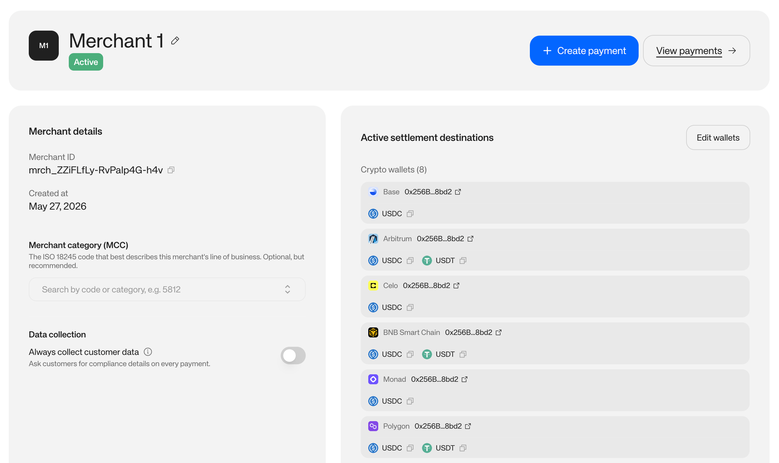 Merchant page in the WalletConnect Pay dashboard with the Edit wallets button highlighted