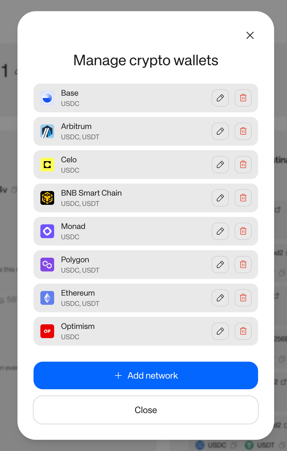 Manage crypto wallets dialog listing configured networks with the Add network button